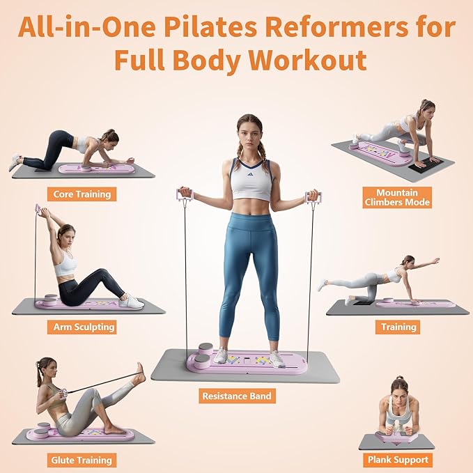 Pilates Reformer Board, 6 in 1 Portable & Foldable Pilates Reformer Set with Resistance Bands, Pilates Board for Home Workout, Multifunctional Abdominal Board-StrideForce Fitness