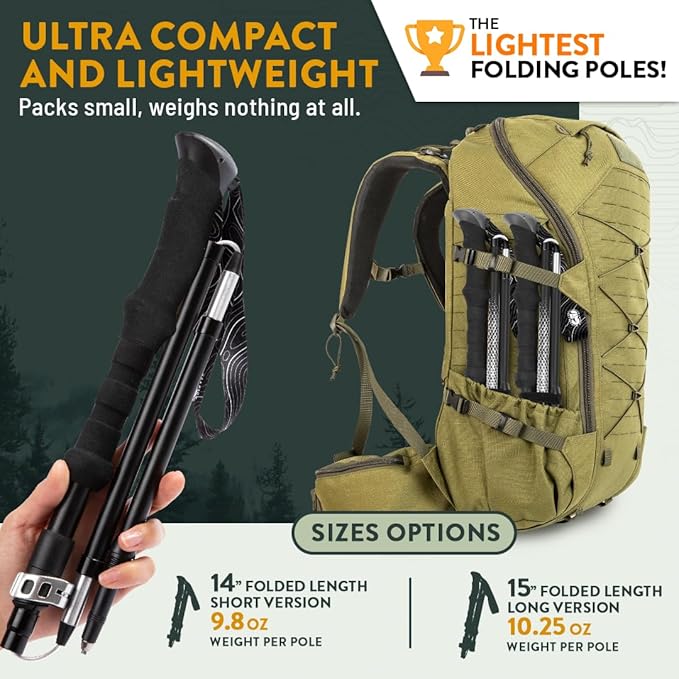 Premium Foldable Hiking Poles by USA Brand - Adjustable, Lightweight Trekking Poles Made of Aircraft Aluminum, Metal Flip Locks & Comfortable Real Cork and EVA Foam Grips-StrideForce Fitness