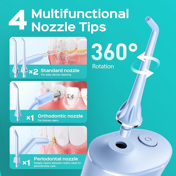 COSLUS Portable Water Flosser for Teeth: 4 Modes & 5 Intensity Levels Professional Electric Dental Pick for Sensitive Gums, Braces & Orthodontic - Cordless for Travel Use, for Adults, BPA-Free, Blue
