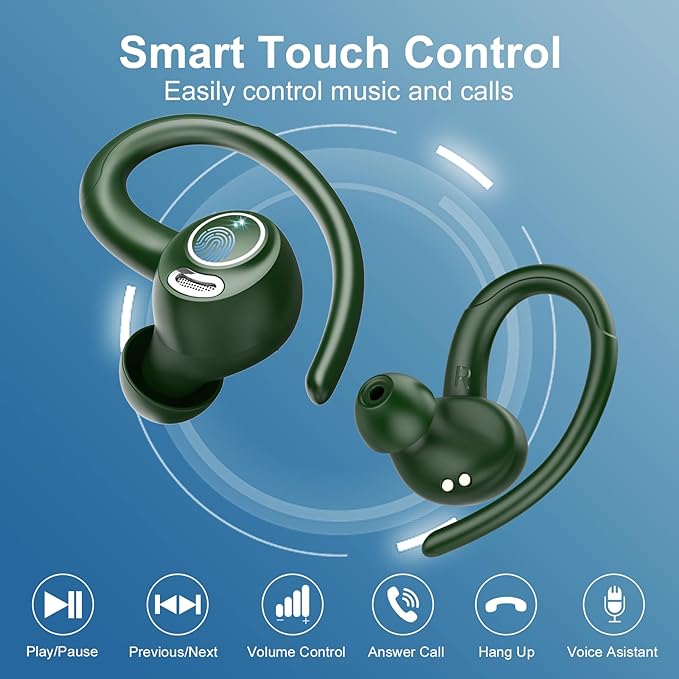 Wireless Earbuds Bluetooth 5.3 Headphones Sports, 48Hrs Playtime Bluetooth Earbuds with CVC 8.0 Mic, Stereo Bass Over Ear Bud with Earhooks, LED Display, IP7 Waterproof Earphon for Running Green-StrideForce Fitness
