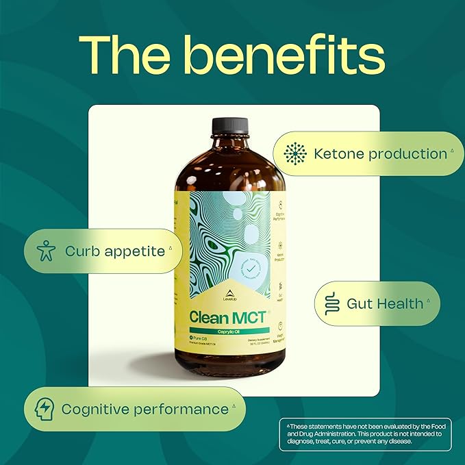 LevelUp Clean MCT Oil - 100% Caprylic C8 for Energy, Focus, Gut Health, Brain Superfuel - Keto Supplement for Ketogenic Coffee and Ketones - Non-GMO (32 oz Glass Bottle)-StrideForce Fitness