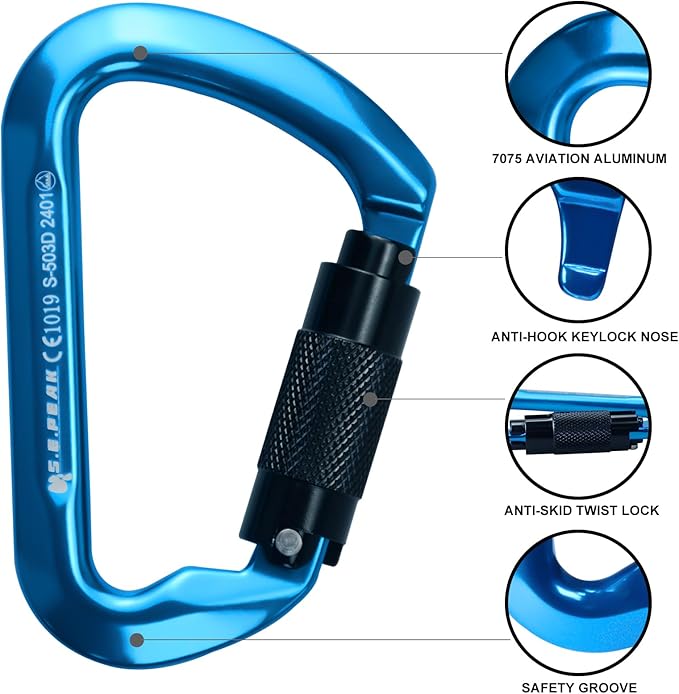 SEPEAK UIAA 30kN Climbing Carabiner Clips, Professional Heavy Duty Twist Locking Carabiners for Climbing,Mountaineering, Rappelling, Camping, Hiking, Swings, Large D Ring Hooks-StrideForce Fitness