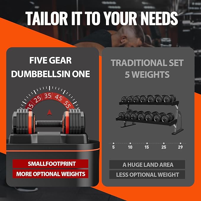 VEICK 25/55 lbs Adjustable Dumbbell with Anti-Slip Turning Handle, Fast Adjust Weight for Men Women, Exercise Equipment with Tray for Home Gym Full Body Workout Fitness-StrideForce Fitness