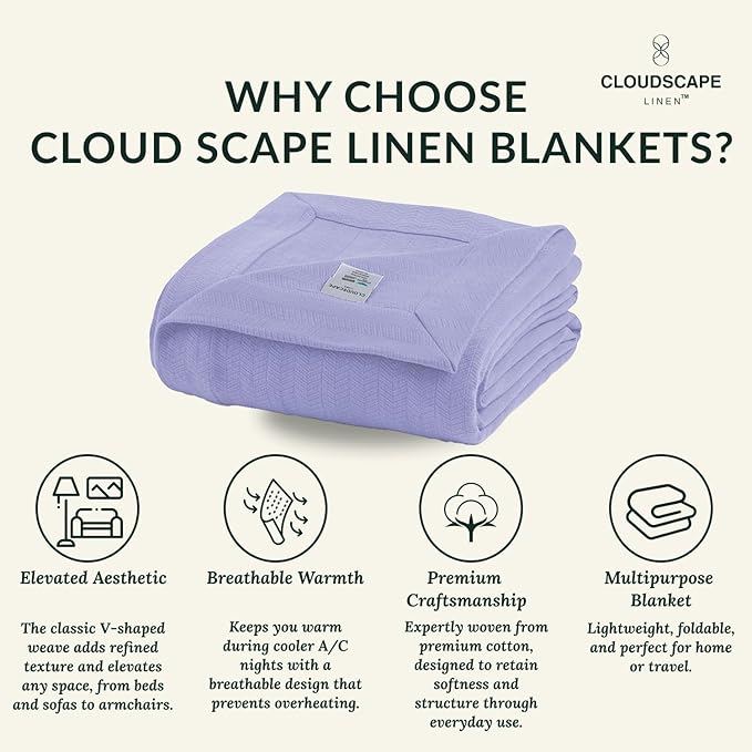 Cloud Scape Linen 100% Cotton Queen Size Blanket, Herringbone Pattern, Lightweight Summer Blanket,Best Gifts for Women, fits Full Size Bed, 92 x 92, Lavender Blue-StrideForce Fitness