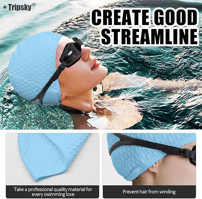 Tripsky Silicone Swim Cap,Comfortable Bathing Cap Ideal for Curly Short Medium Long Hair, Swimming Cap for Women and Men, Shower Caps Keep Hairstyle Unchanged…-StrideForce Fitness