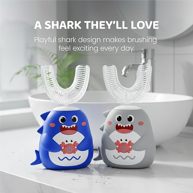 Well Before Kids U Shaped Electric Toothbrush with 5 Brush Heads, Ultrasonic, 5 Modes, IPX7 Waterproof Design (Shark, Grey Ages 2-7)