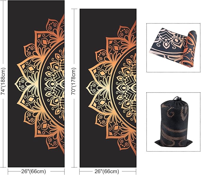 QiyI Yoga Mat Towel with Corner Pockets, Non Slip Sweat Absorbent Hot Yoga Towels, Soft Yoga Blankets with Travel Bag, Skidless Mat Cover for Workout, Gym, Fitness - 70"x26", Luxury Golden Mandala-StrideForce Fitness