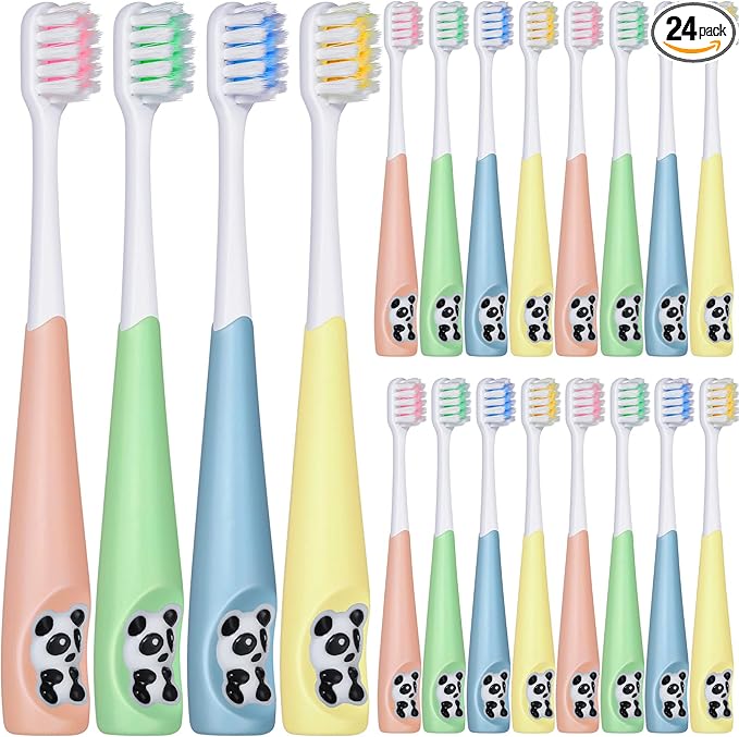 Dingion 24 Pcs Kids Toothbrush Bulk Children Manual Tooth Brush Set Soft Lovely Little Cute Colorful Panda Toothbrush Bristles for Age 3 and Above Boys Girls