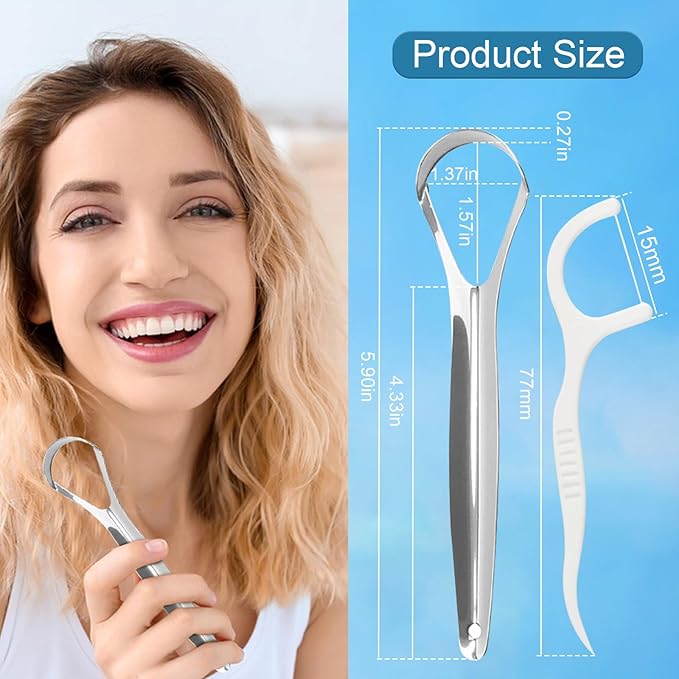 Tongue Scraper Set for Adults – 2 Medical-Grade Stainless Steel Tongue Scrapers with Travel Case + 10 Pack Floss Picks – Tongue Cleaner for Oral Care & Hygiene, Reduce Bad Breath