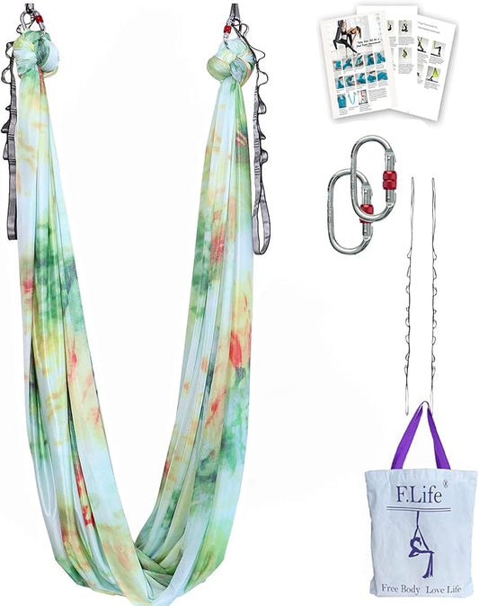 F.Life Aerial Yoga Hammock kit- Yoga Swing Multicolor 5 yards-Flying Yoga Include Daisy Chain,Carabiner and Pose Guide-StrideForce Fitness