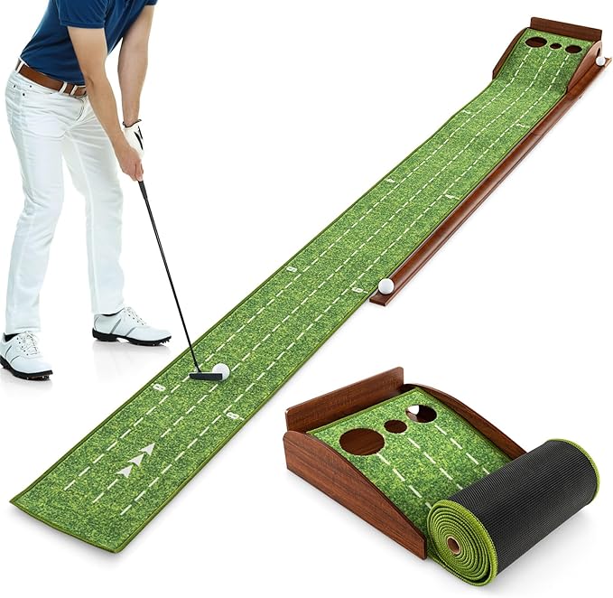 Tangkula 10 FT Golf Putting Green, 2/3-Hole Golf Putting Practice Mat with Auto Ball Return for Indoors & Outdoors, Alignment Guides & 3 Golf Balls, Mini Golf Game for Home and Office-StrideForce Fitness