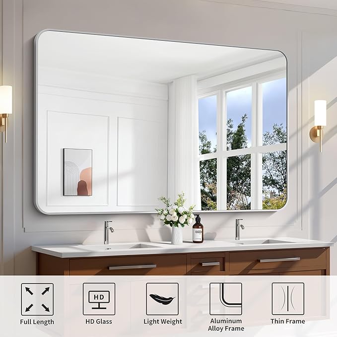 FORBATH 60x40 Inch Silver Bathroom Mirror for Over Sink, Large Rectangular Wall Mirror with Metal Frame, Rounded Corners for Bathroom, Bedroom, Entryway Decor (Horizontal or Vertical)-StrideForce Fitness