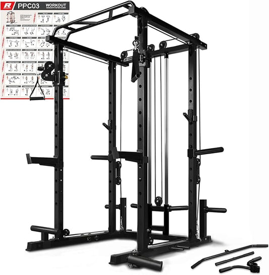 RitFit Multi-Function Squat Rack Power Cage PPC03 with Cable Crossover System, 1000LBS Capacity Power Rack and Packages with Optional Weight Bench, Barbell Weight Set, for Garage Workout & Home Gym-StrideForce Fitness