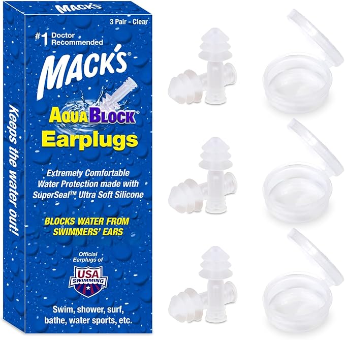 Mack's AquaBlock Swimming Earplugs, 3 Pair - Comfortable, Waterproof, Reusable Silicone Ear Plugs for Swimming, Snorkeling, Showering, Surfing and Bathing (Clear)-StrideForce Fitness