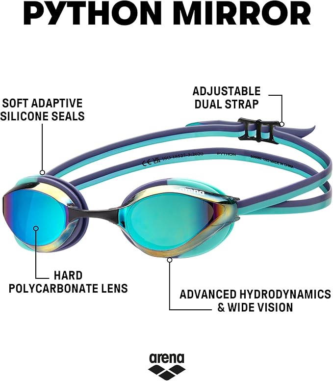 ARENA Unisex Python Racing Swim Goggles for Men and Women Anti-Fog No Leak Max Comfort Dual Strap, Mirror/Non-Mirror Lens-StrideForce Fitness