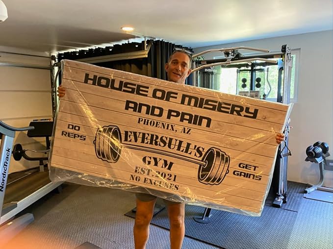 Tailored Canvases Personalized Gym Sign Wall Art Decor - Motivational Canvas for Home Gym, Workout Room, Garage, Fitness Center - Workout Inspirational Posters - House of Misery and Pain, White Wood 48x16in-StrideForce Fitness