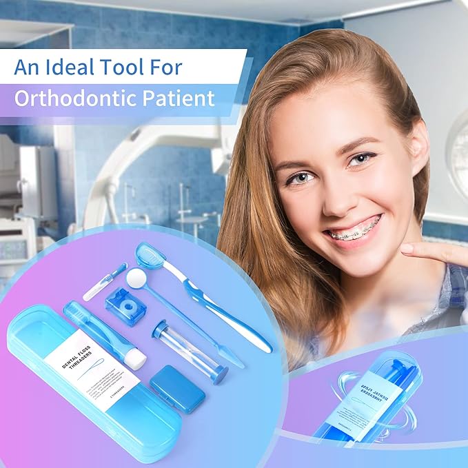 Annhua Braces Kit Cleaning 8 Pack for Orthodontic, Portable Tooth Cleaning Tools Family Oral Care Hygiene Set, Interdental Brush, Ortho Wax, Floss, Oral Mirror Included - Blue
