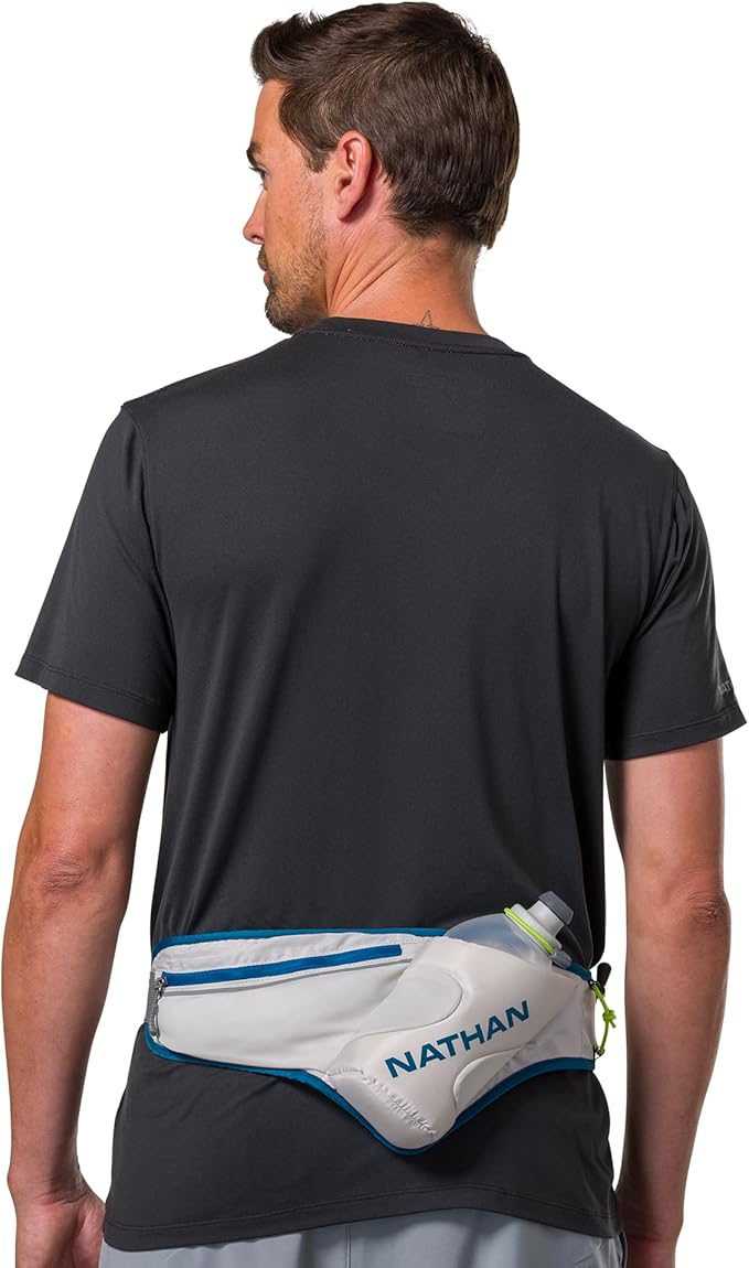 Nathan Peak Running Hydration Waist Pack Belt w/ Speed Draw Flask Water Bottle, 18oz/535 ml Push/Pull Race Cap, Expandable Zippered Stretch Pocket-StrideForce Fitness