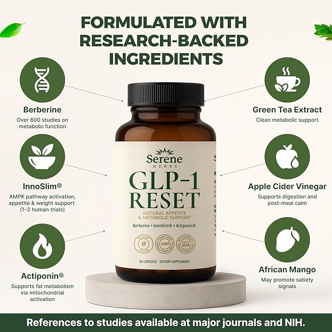 GLP-1 Supplement for Women & Men - Hunger & Metabolism Support with Berberine, InnoSlim, Actiponin - Natural GLP1 Booster to Support Appetite, Digestion & Gut Health - Vegan - 60 Capsules-StrideForce Fitness