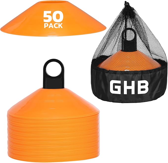 GHB Soccer Cones 25/50/100 Pack Disc Soccer Sport Cones Training Field Marker Agility Cones for Traffic, Basketball, Coaching, Practice Equipment Includes Cone Drills Guide-StrideForce Fitness