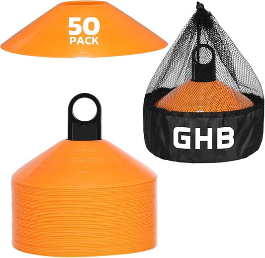 GHB Soccer Cones 25/50/100 Pack Disc Soccer Sport Cones Training Field Marker Agility Cones for Traffic, Basketball, Coaching, Practice Equipment Includes Cone Drills Guide-StrideForce Fitness