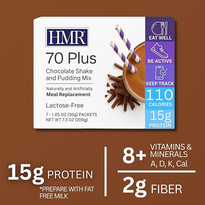 HMR 70 Plus Chocolate Shake & Pudding Mix | Meal Replacement Powder | Lactose-Free | 15g Protein | Easy to Make | Low Calorie | 7 Single Serving Packets each-StrideForce Fitness