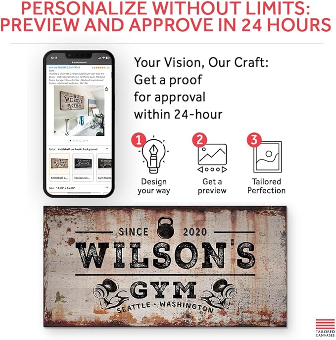 TAILORED CANVASES Personalized Gym Sign Wall Art Decor - Motivational Canvas s for Home Gym, Workout Room, Garage, Fitness Center - Workout Inspirational Posters - Kettlebell on Rustic, 48x24in-StrideForce Fitness