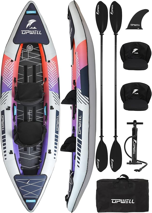 UPWELL 11'/14'6”Inflatable Kayak with Drop Stitch Floor and Accessories Including Kayak Seat with Thickened Cushion, Paddle, Fin, Repair Kits, Carry Bag and Hand Pump-StrideForce Fitness