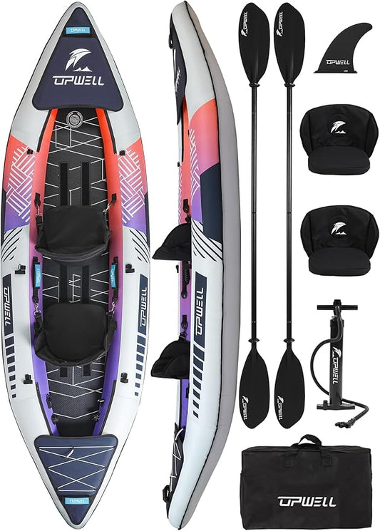 UPWELL 11'/14'6”Inflatable Kayak with Drop Stitch Floor and Accessories Including Kayak Seat with Thickened Cushion, Paddle, Fin, Repair Kits, Carry Bag and Hand Pump-StrideForce Fitness