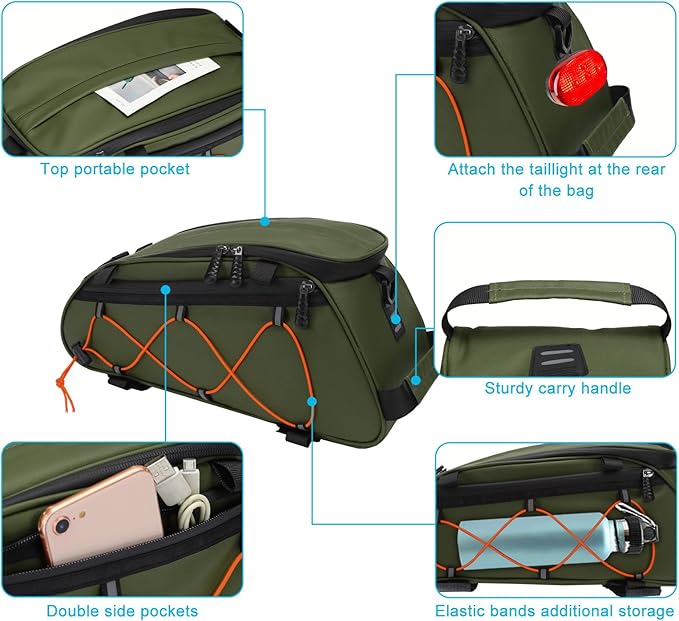 MOSISO Bike Rack Bag with 2 Removable Panniers, Waterproof Bike Trunk Cooler Storage Handbag Insulated Bicycle Rear Seat Pouch, Bicycle Storage Saddle Shoulder Bag Cycling Luggage Pouch, Army Green-StrideForce Fitness
