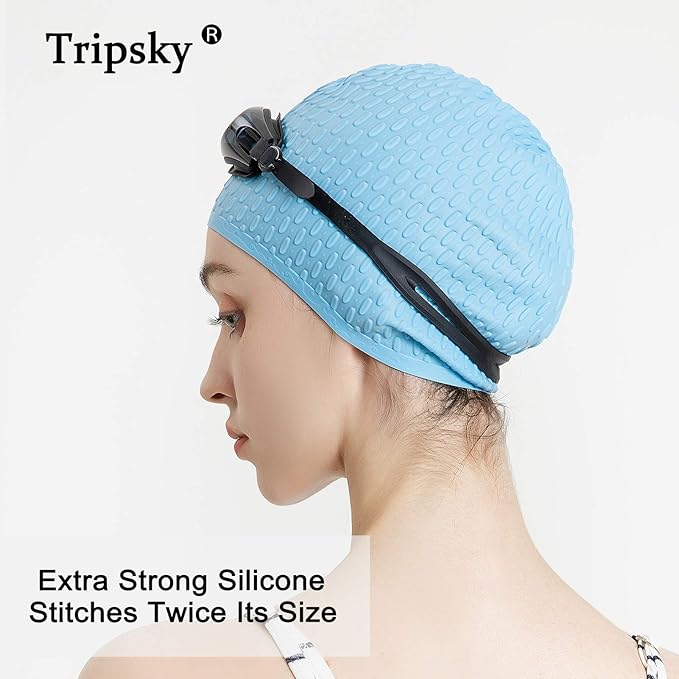 Tripsky Silicone Swim Cap,Comfortable Bathing Cap Ideal for Curly Short Medium Long Hair, Swimming Cap for Women and Men, Shower Caps Keep Hairstyle Unchanged…-StrideForce Fitness