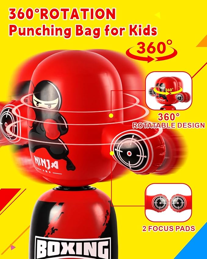 Punching Bag for Kids,New Upgraded 360°Rotating Kids Punching Bag,Inflatable Boxing Bag Toy for Boys Girls, Christmas Birthday Gift for Kids Age 3-12-StrideForce Fitness