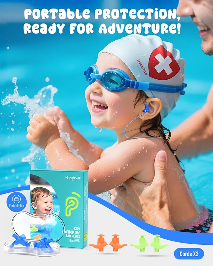Hearprotek 3 Pairs Swimming Ear Plugs for Kids, Soft Silicone Reusable Waterproof Earplugs for Toddlers Bathing Swimming and Other Water Sports(Blue/Orange/Green)-StrideForce Fitness