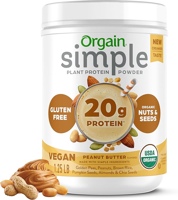 Orgain Organic Simple Vegan Protein Powder, Peanut Butter - 20g Plant Based Protein, With less Ingredients, No Artificial Sweeteners, Gluten Free, No Dairy or Lactose, 1.25 lb (Packaging May Vary)-StrideForce Fitness