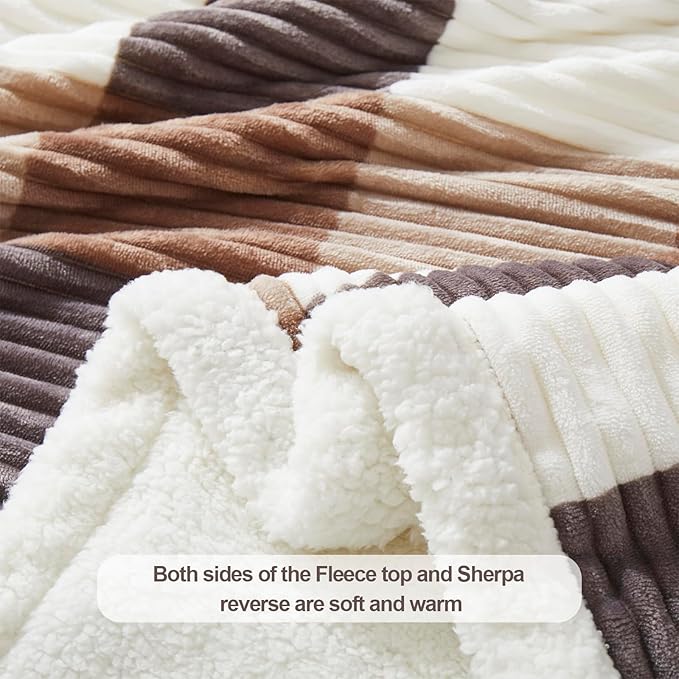 PU MEI Sherpa Blanket Full/Queen Plaid Thick Bed Blanket, 90”*80” Super Soft Flannel Fuzzy Fleece Reversible Velvet Plush Warm Blanket for Couch(Beige Check, 80"*90")-StrideForce Fitness