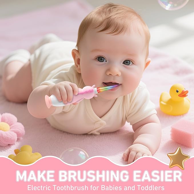 YUNCHI Toddler Electric Toothbrush Kids 0-3-6 Years, Baby Electric Toothbrush with Colorful LED Light, Battery Powered Toddler Toothbrush with 2 Minutes Timer 4 Brush Heads, Infant Toothbrush (Pink)