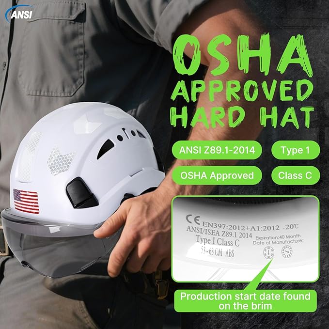 AOLAMEGS Construction Safety Hard Hat - ANSI Z89.1 Type Ι OSHA Approved Safety Helmets with Chin Straps Lightweight Reflective Vented ABS Hard Hats For Men Women Industrial Workwear 6-point Suspension-StrideForce Fitness