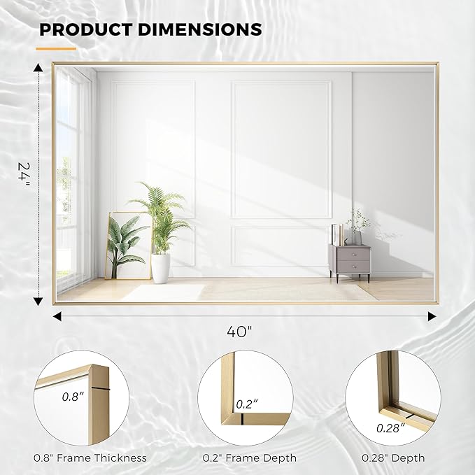 24x40 Inch Brass Bathroom Mirror for Wall, Aluminum Frame Rectangle Rectangular Vanity Mirror, Modern Large for Bedroom, Living Room, Horizontal or Vertical-StrideForce Fitness