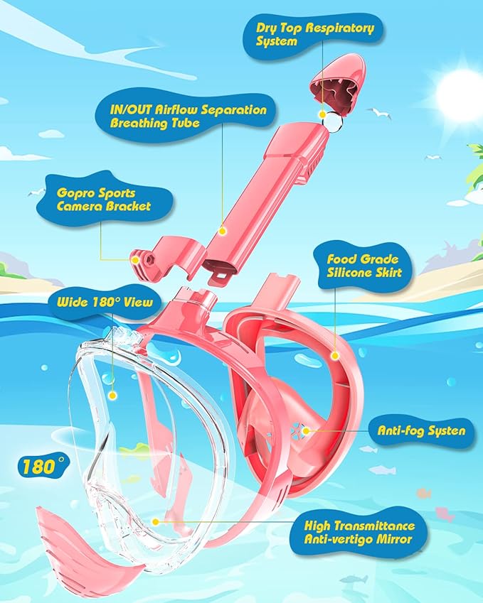 QingSong Kids Snorkel Mask Full Face, Snorkeling Set with Camera Mount, Foldable 180 Degree Panoramic View Snorkeling Gear Anti-Fog Anti-Leak-StrideForce Fitness