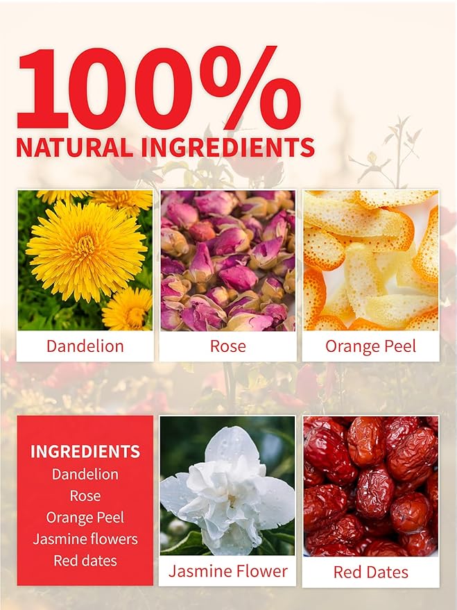 Teelux Dandelion Leaf & Root Tea with Orange Peel, Rose, Jasmine, Red Date, Caffeine Free, Mellow & Light Tarty Flavor, 40 Count