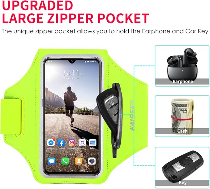 Running Armband with Earphone Bag Cell Phone Armband for iPhone 16 15 Pro 14 Plus 13 11 XR XS, Galaxy S24/S10 Water Resistant Sports Phone Holder Case & Zipper Slot Car Key Holder for 6.7 inch Phone-StrideForce Fitness