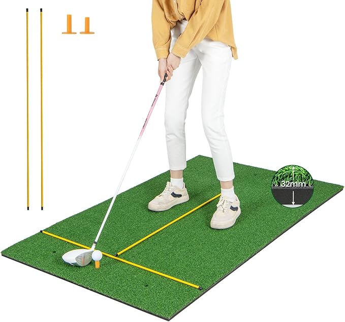 Tangkula Golf Hitting Mat, Artificial Turf Mat for Indoor/Outdoor Golf Practice Includes 2 Rubber Tees & 2 Alignment Sticks, Golf Training Mat for Home Backyard Garage-StrideForce Fitness