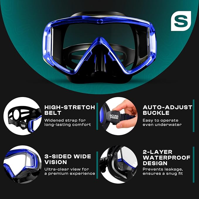 Pano 3 Scuba Diving Mask, Tempered Glass Snorkel Mask Three-Window Scuba Mask No-Leak Dive Mask Silicone Skirt Diving Mask for Snorkeling and Scuba Use-StrideForce Fitness