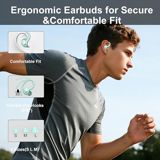 Wireless Earbuds Bluetooth 5.3 Headphones Sports, 48Hrs Playtime Bluetooth Earbuds with CVC 8.0 Mic, Stereo Bass Over Ear Bud with Earhooks, LED Display, IP7 Waterproof Earphon for Running Misty Blue-StrideForce Fitness
