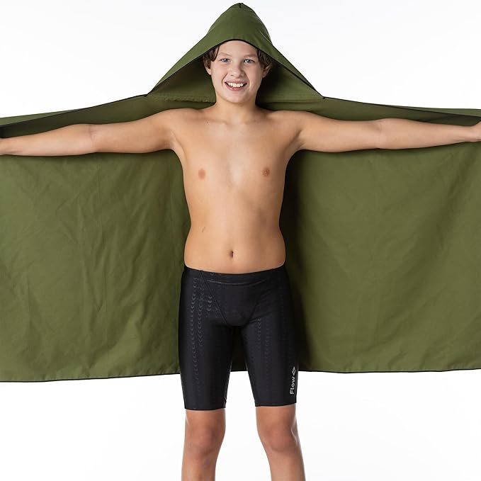 Flow Hydro Sport Towel - Microfiber Quick Dry Swimming Towels for Swim, Pool, Triathlon, and Other Water Sports in Medium, Large, Extra Large, and Hooded Sizes (Army Green, Large w/Hood)-StrideForce Fitness