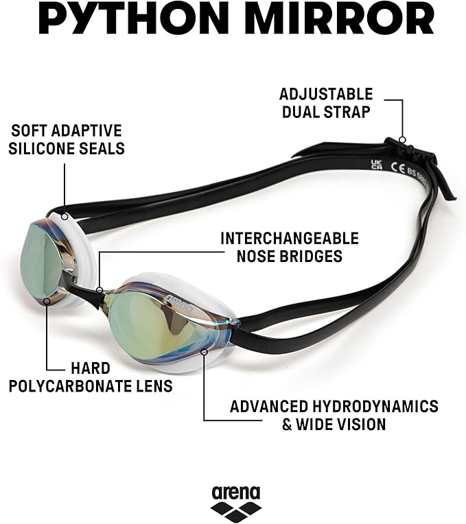 ARENA Unisex Python Racing Swim Goggles for Men and Women Anti-Fog No Leak Max Comfort Dual Strap, Mirror/Non-Mirror Lens-StrideForce Fitness