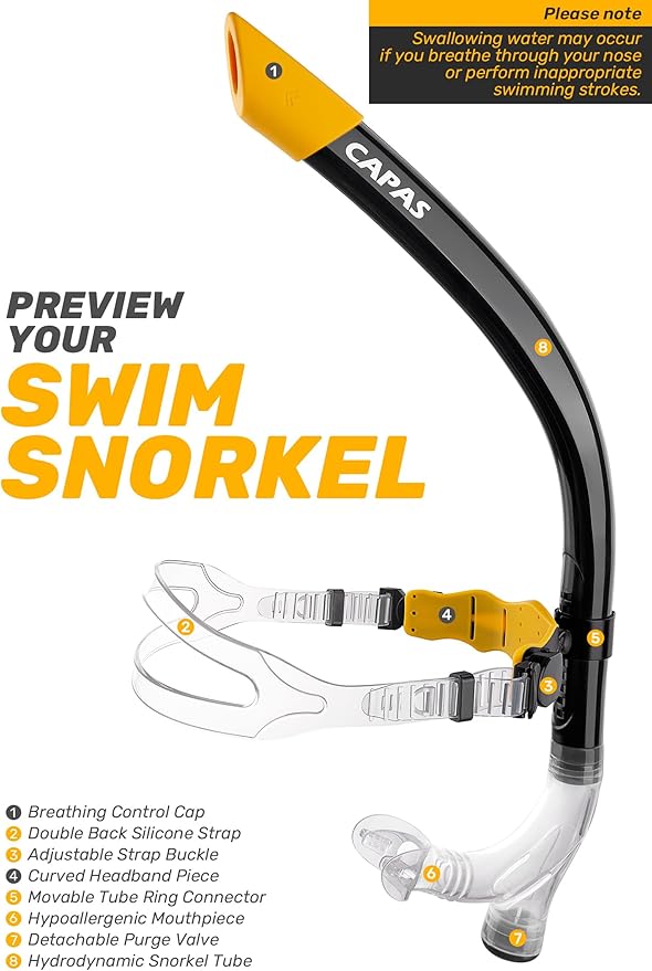 CAPAS Training Swim Snorkel for Lap Swimming, Swivel Headband Ultimate Fit Center-Mount Swimmers Snorkel with Liquid Silicone Mouthpiece Adjustable Strap, Designed for Adult Men Women-StrideForce Fitness