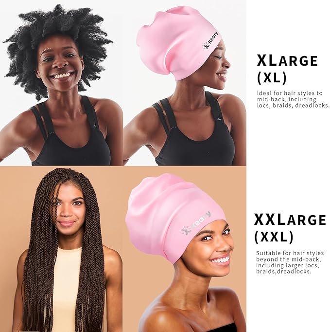 Keary Extra Large Swim Cap for Braids and Dreadlocks Extensions Weaves Long Hair, Waterproof Silicone Cover Ear Bath Pool Shower Swimming Cap for Adult Youth to Keep Hair Dry, Easy to Put On and Off-StrideForce Fitness