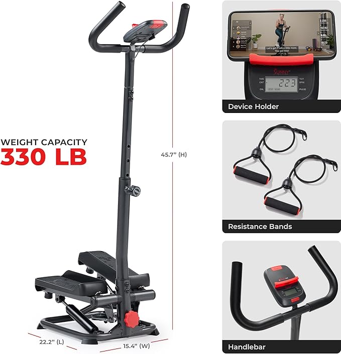 Sunny Health & Fitness Total Body 2-in-1 Smart Stepper Machine for Home with Handlebar and Resistance Bands, Total Body Workout, Adjustable Hydraulic, LCD Monitor, Non-Slip Pedals – 330 LB Max Weight-StrideForce Fitness