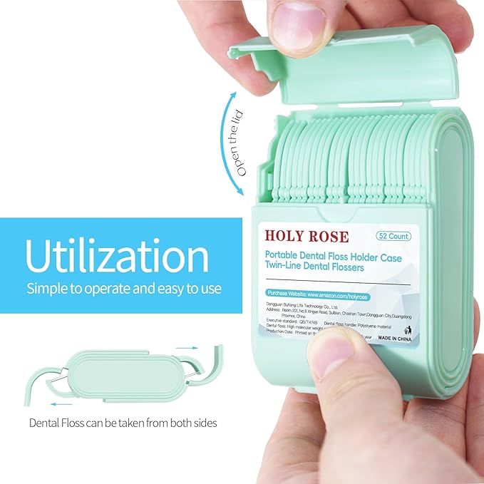 Holy Rose Dental Floss Case with Twin Line Flosser 104 Count-Green, Travel Dispenser for Floss Picks and Toothpick, Mint Flavored, Portable Flossers is Oral Care Tool for Teeth
